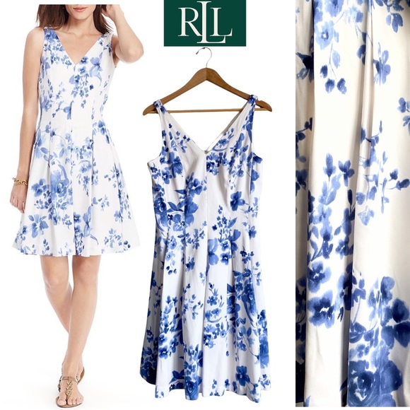 Lauren Ralph Lauren Blue Floral Dress Aline Career Wedding Cocktail Victorian 10 - Picture 1 of 11